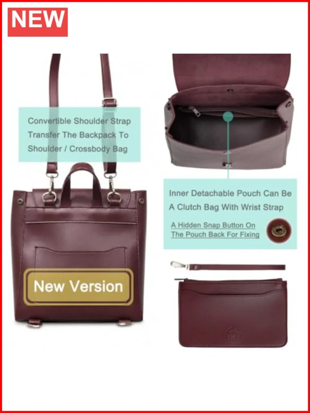 Vegan Leather 3-Way Convertible Backpack for Women Vintage Faux Leather Daypack